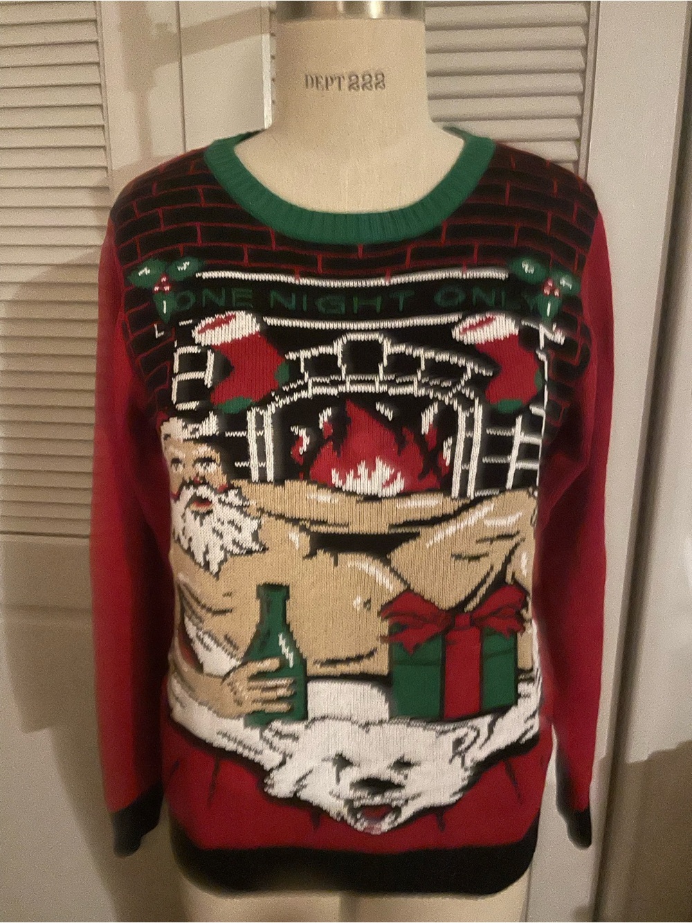 Men’s Ugly Christmas Sweater with Naughty  Santa Fireplace Graphic, 4 LED lights